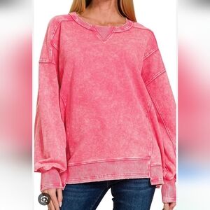 Zenana Pink Acid Wash French Terry Pullover